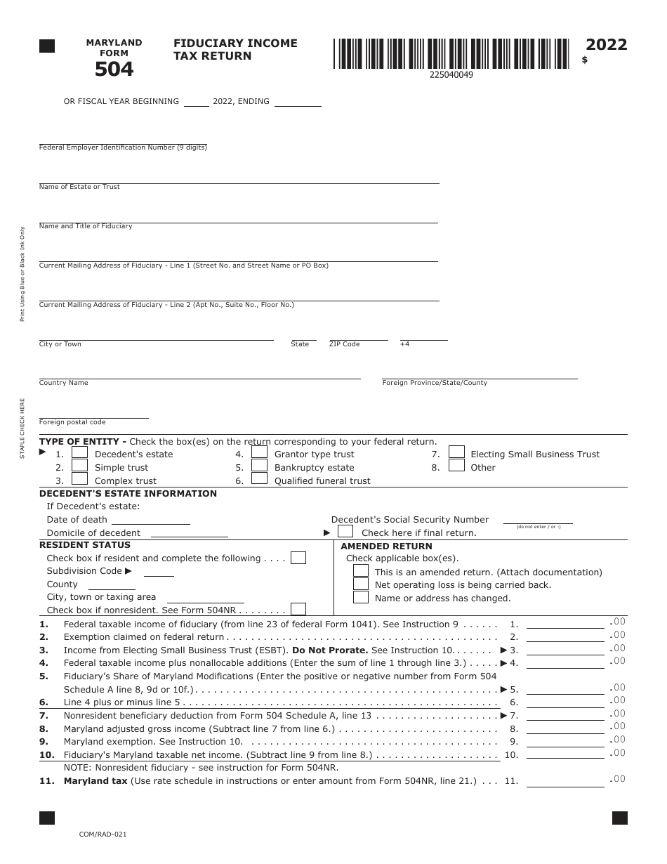 Maryland Form 504 (COM / RAD-021) Fiduciary Income Tax Return - Maryland, Page 1