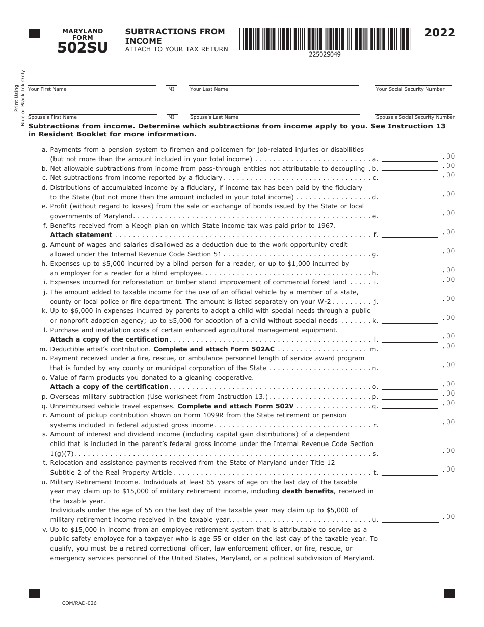 Maryland Form 502SU (COM / RAD-026) Subtractions From Income - Maryland, Page 1