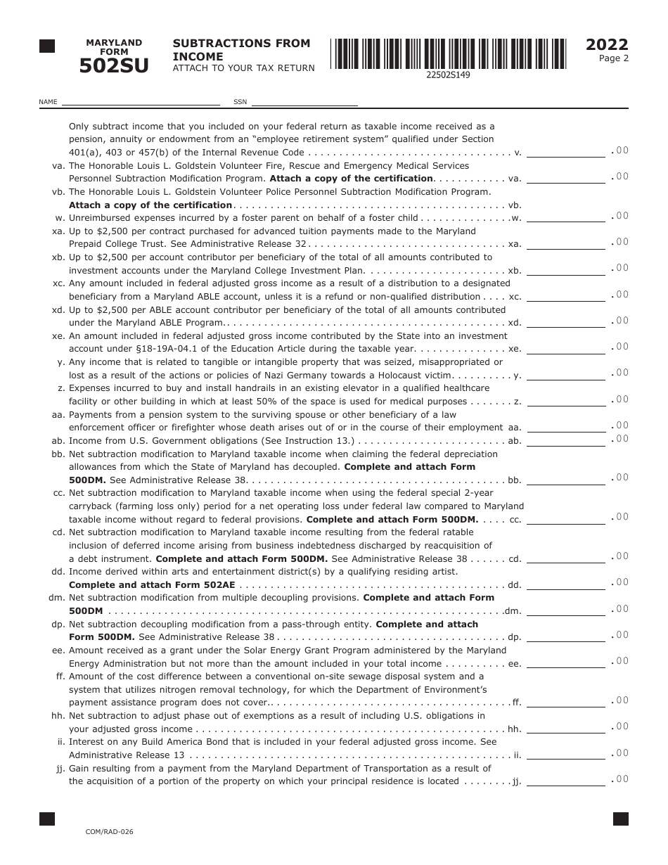 Maryland Form 502SU (COM / RAD-026) Subtractions From Income - Maryland, Page 2