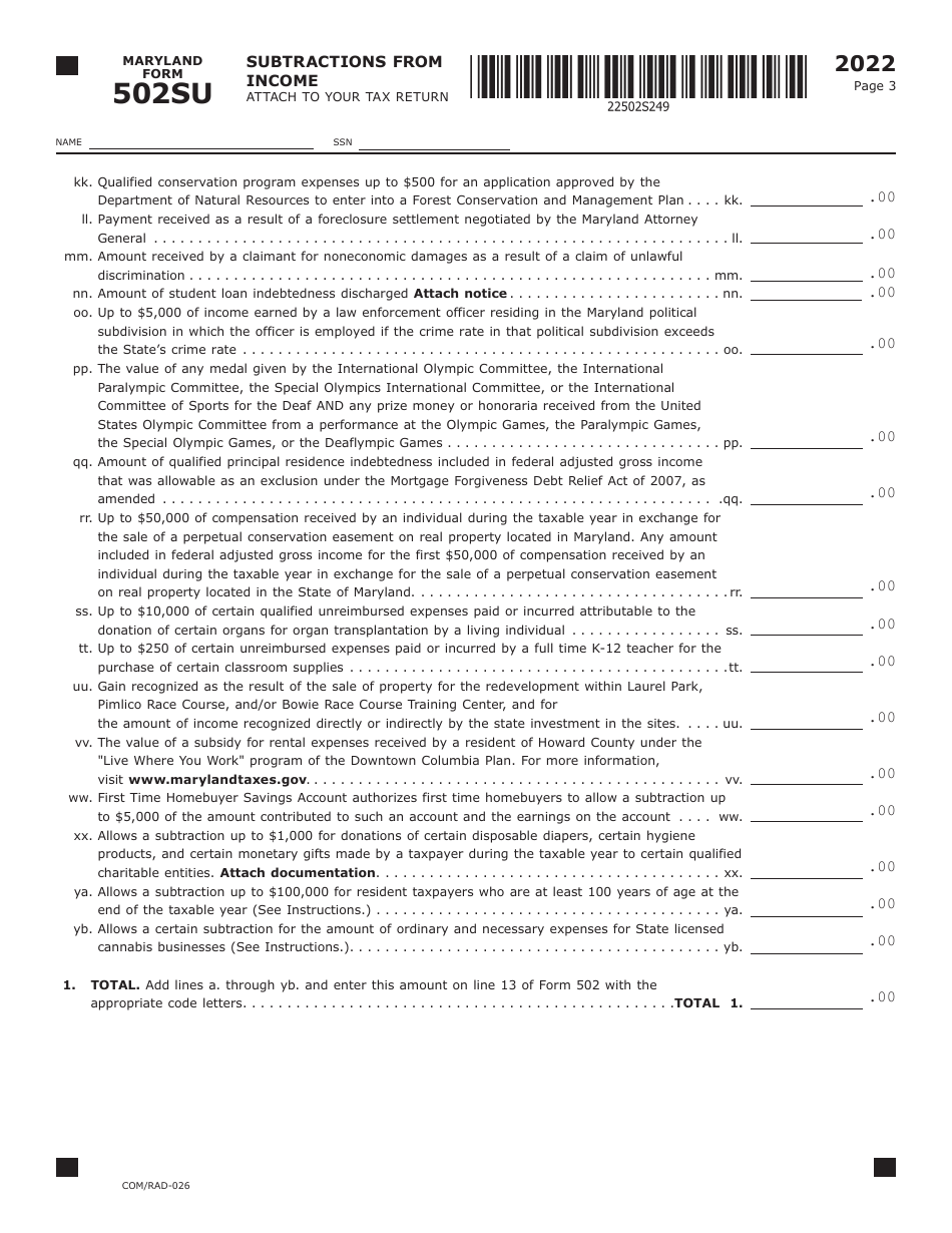 Maryland Form 502SU (COM / RAD-026) Subtractions From Income - Maryland, Page 3