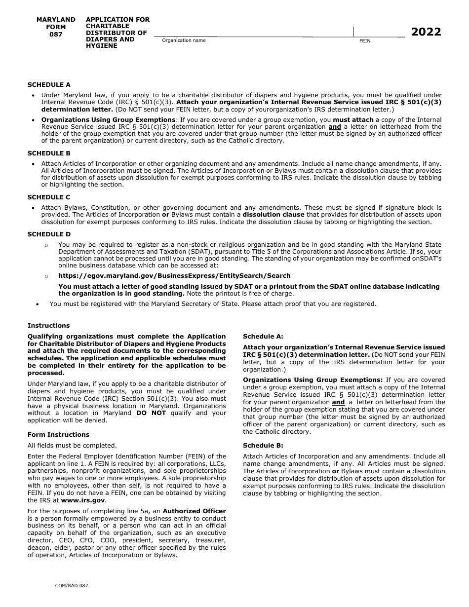 Maryland Form 087 (COM / RAD087) Application for Charitable Distributor of Diapers and Hygiene Products - Maryland, Page 3