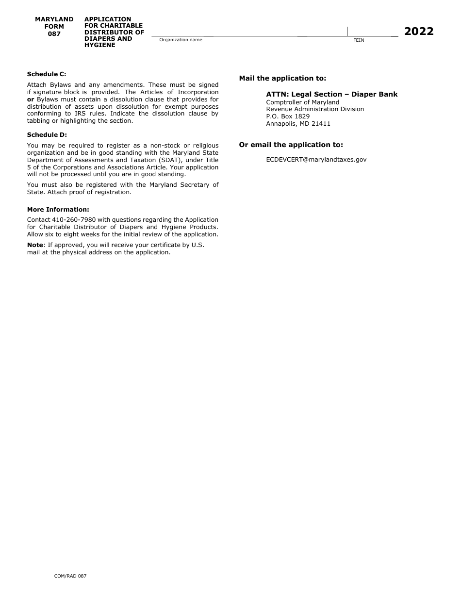 Maryland Form 087 (COM / RAD087) Application for Charitable Distributor of Diapers and Hygiene Products - Maryland, Page 4