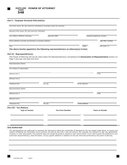 Maryland Form 548 (COM/RAD-548)  Printable Pdf