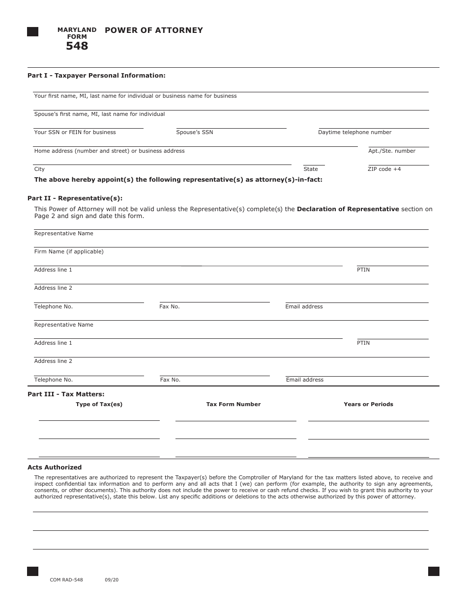 Maryland Form 548 (COM / RAD-548) Power of Attorney - Maryland, Page 1