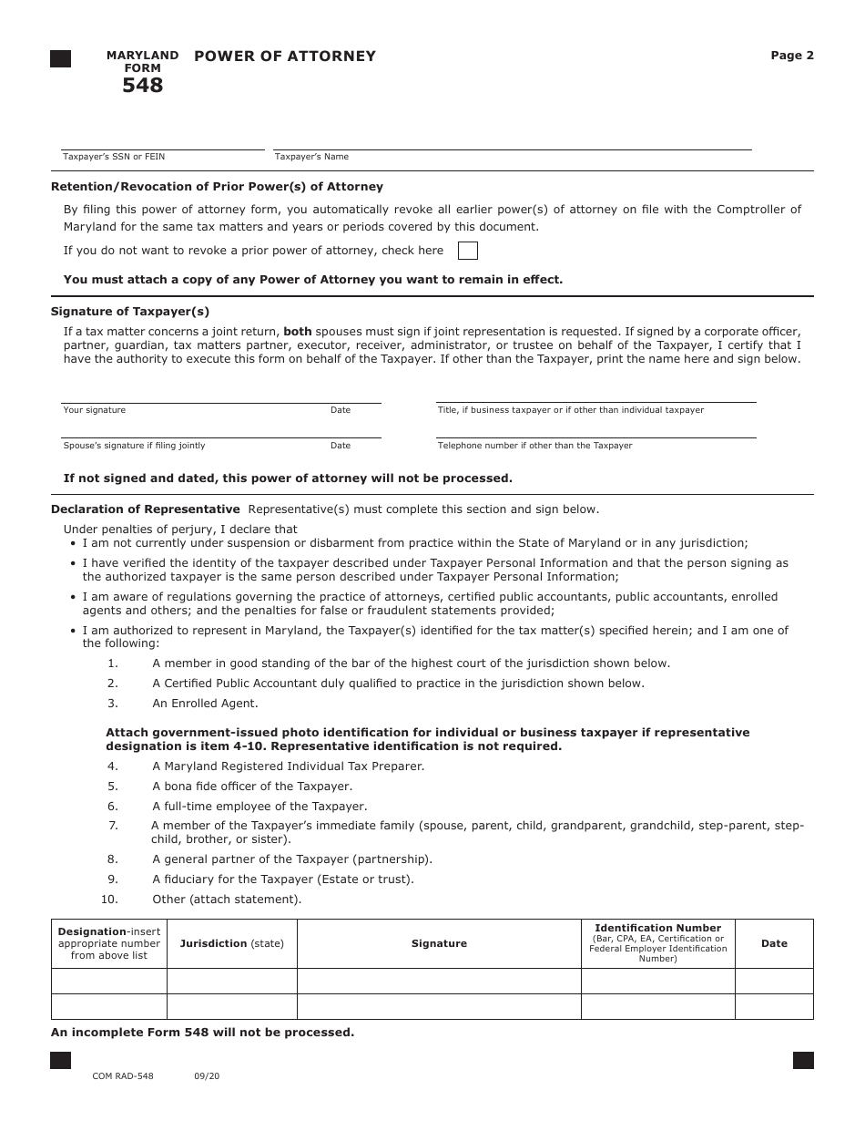 Maryland Form 548 (COM / RAD-548) Power of Attorney - Maryland, Page 2