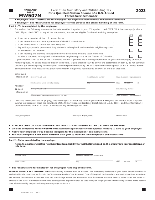 Maryland Form MW507M (COM/RAD048) 2023 Printable Pdf