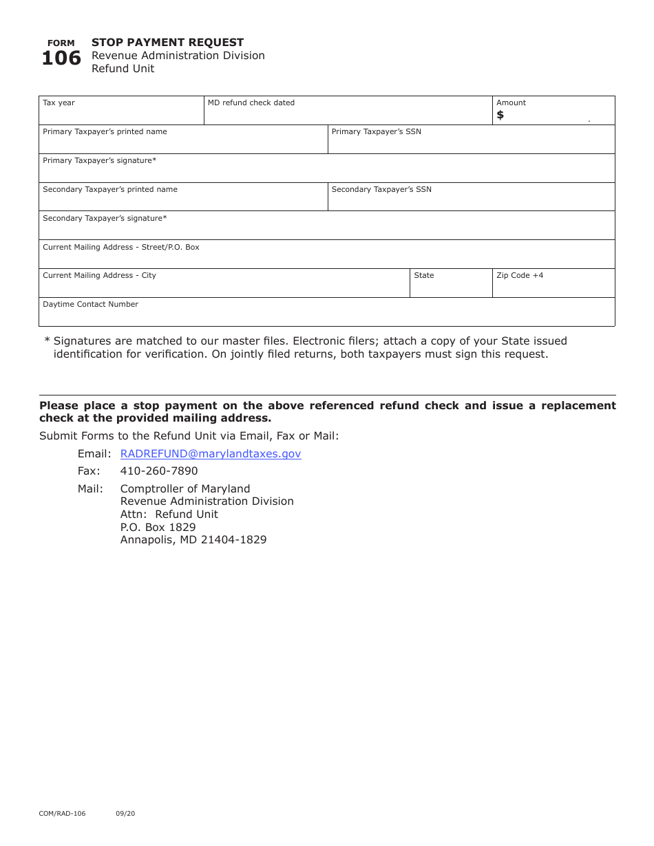 Maryland Form 106 (COM / RAD-106) Stop Payment Request - Maryland, Page 1