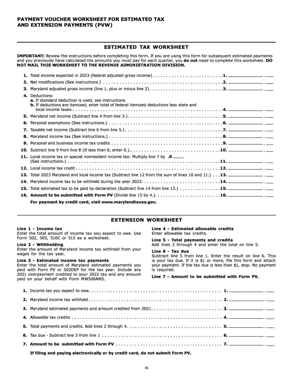 2023 Maryland Payment Voucher Worksheet for Estimated Tax and Extension