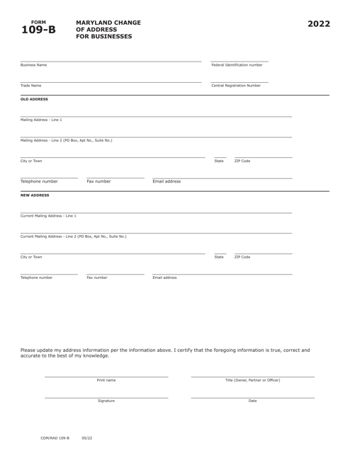 Maryland Form 109-B (COM/RAD109-B) 2022 Printable Pdf