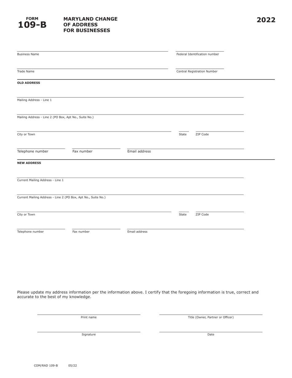 Maryland Form 109-B (COM / RAD109-B) Maryland Change of Address for Businesses - Maryland, Page 1