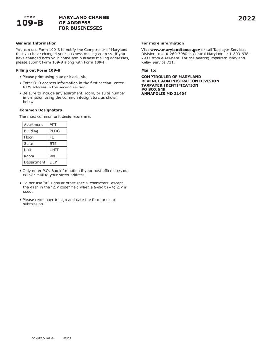 Maryland Form 109-B (COM/RAD109-B) Download Printable PDF Or Fill ...