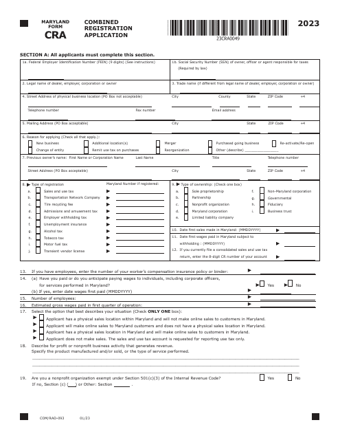 Maryland Form CRA (COM/RAD-093) 2023 Printable Pdf