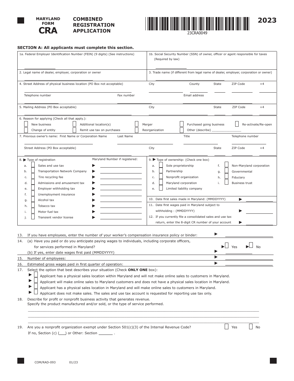 Maryland Form CRA (COM / RAD-093) Combined Registration Application - Maryland, Page 1