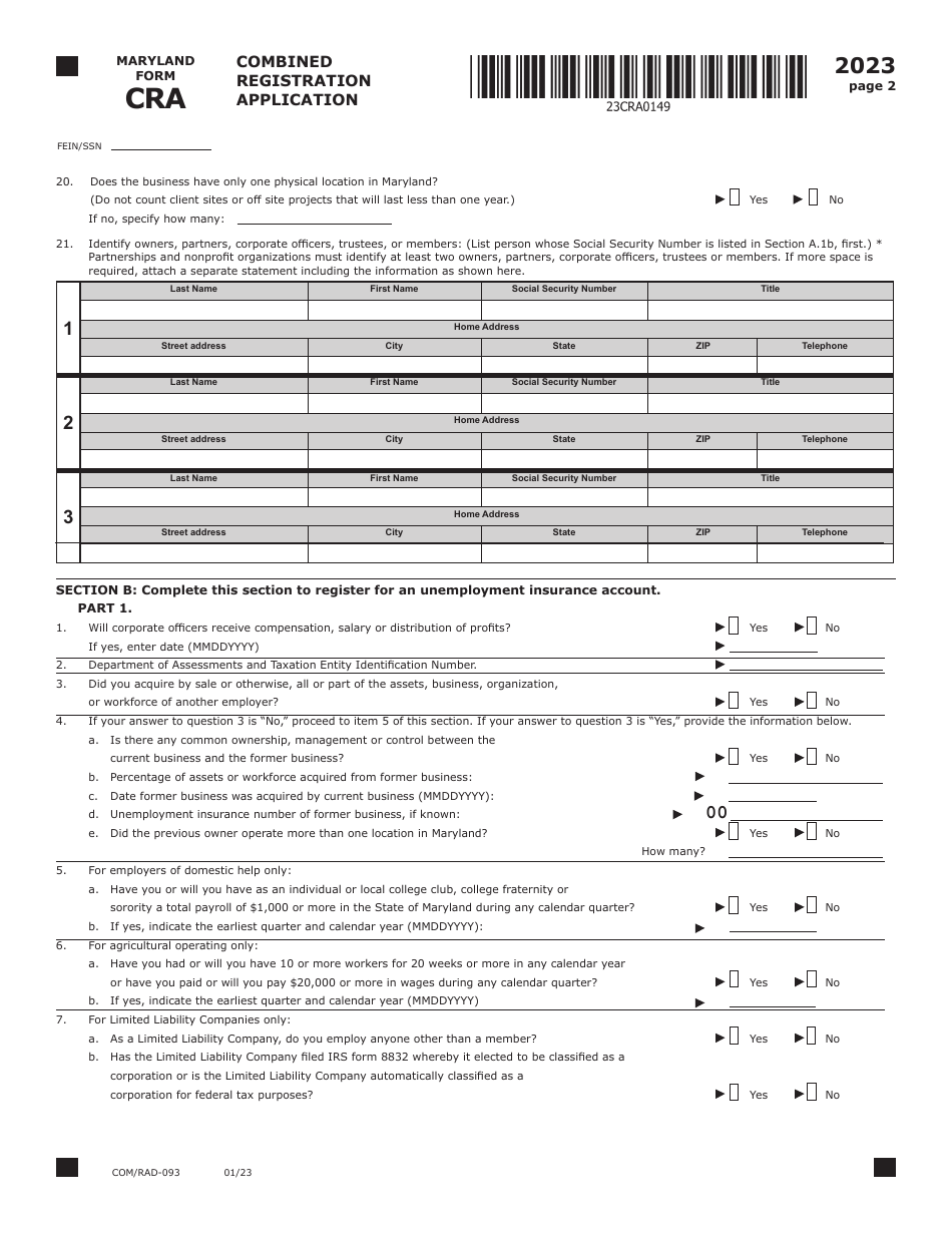 Maryland Form CRA (COM / RAD-093) Combined Registration Application - Maryland, Page 2
