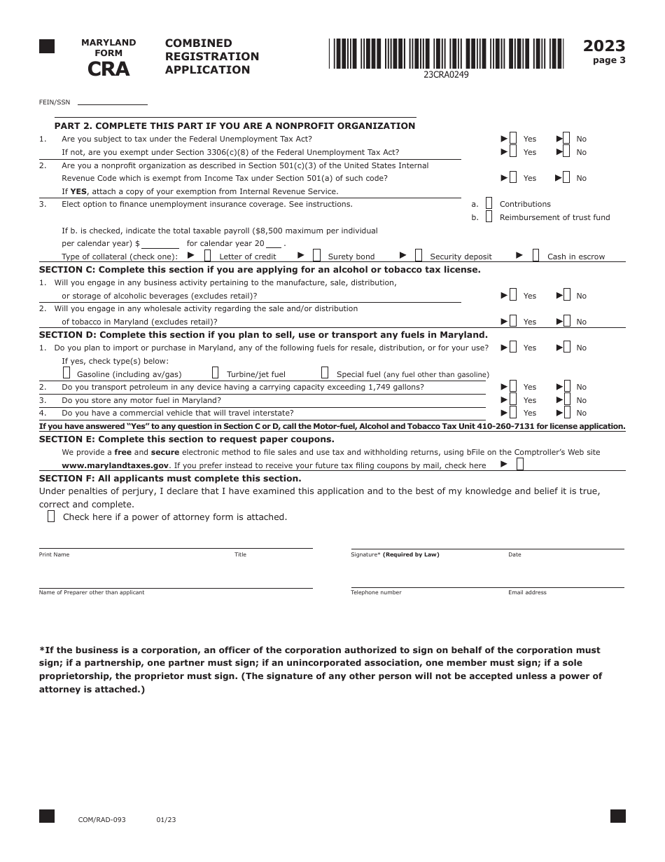 Maryland Form CRA (COM / RAD-093) Combined Registration Application - Maryland, Page 3