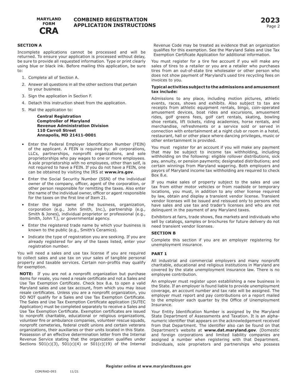 Maryland Form CRA (COM / RAD-093) Combined Registration Application - Maryland, Page 5