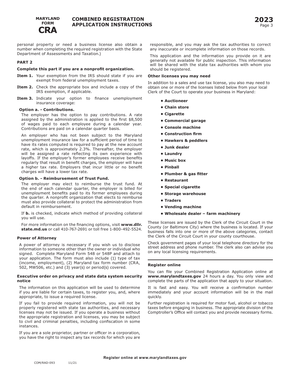 Maryland Form CRA (COM / RAD-093) Combined Registration Application - Maryland, Page 6