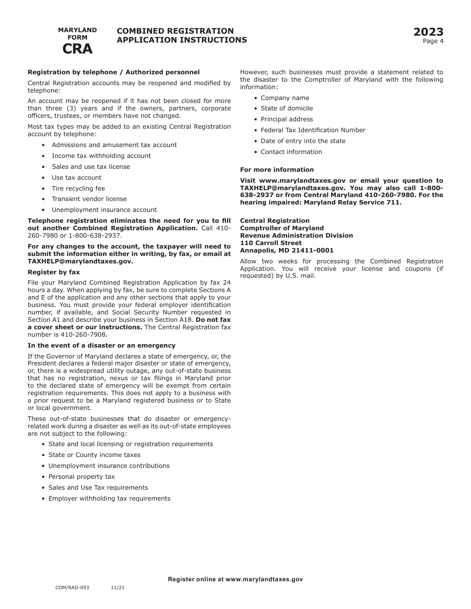 Maryland Form CRA (COM / RAD-093) Combined Registration Application - Maryland, Page 7