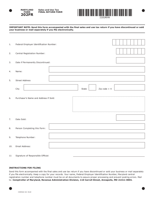 Maryland Form 202FR (COM/RAD102)  Printable Pdf