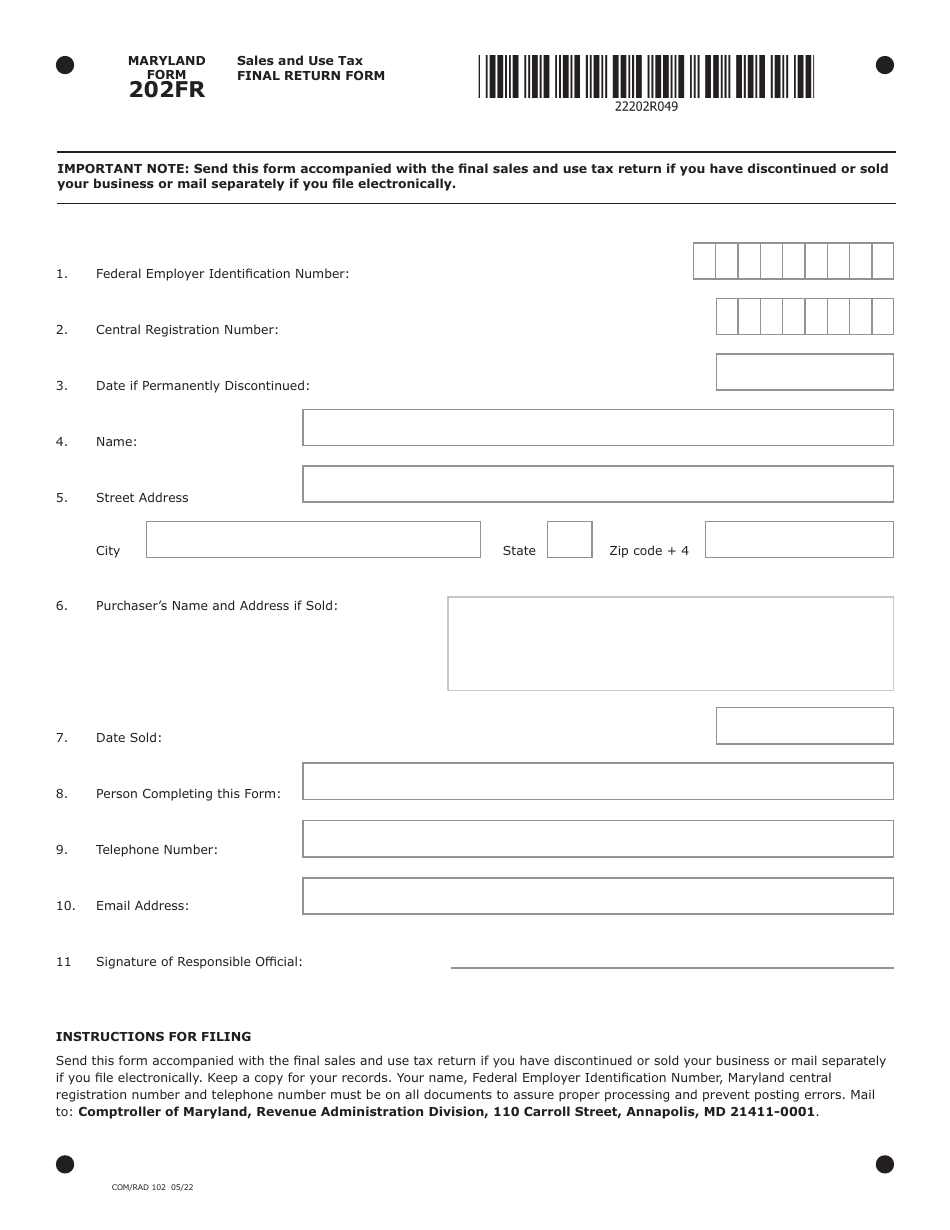 Maryland Form 202FR (COM / RAD102) Sales and Use Tax Final Return Form - Maryland, Page 1