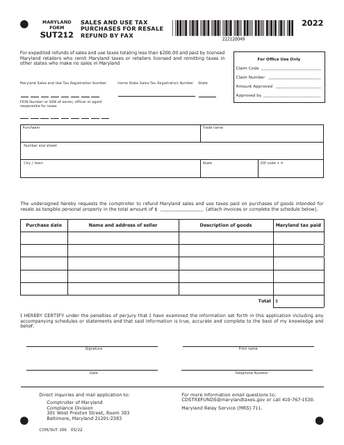Maryland Form SUT212 (COM/SUT206) Sales and Use Tax Purchases for Resale Refund by Fax - Maryland, 2022