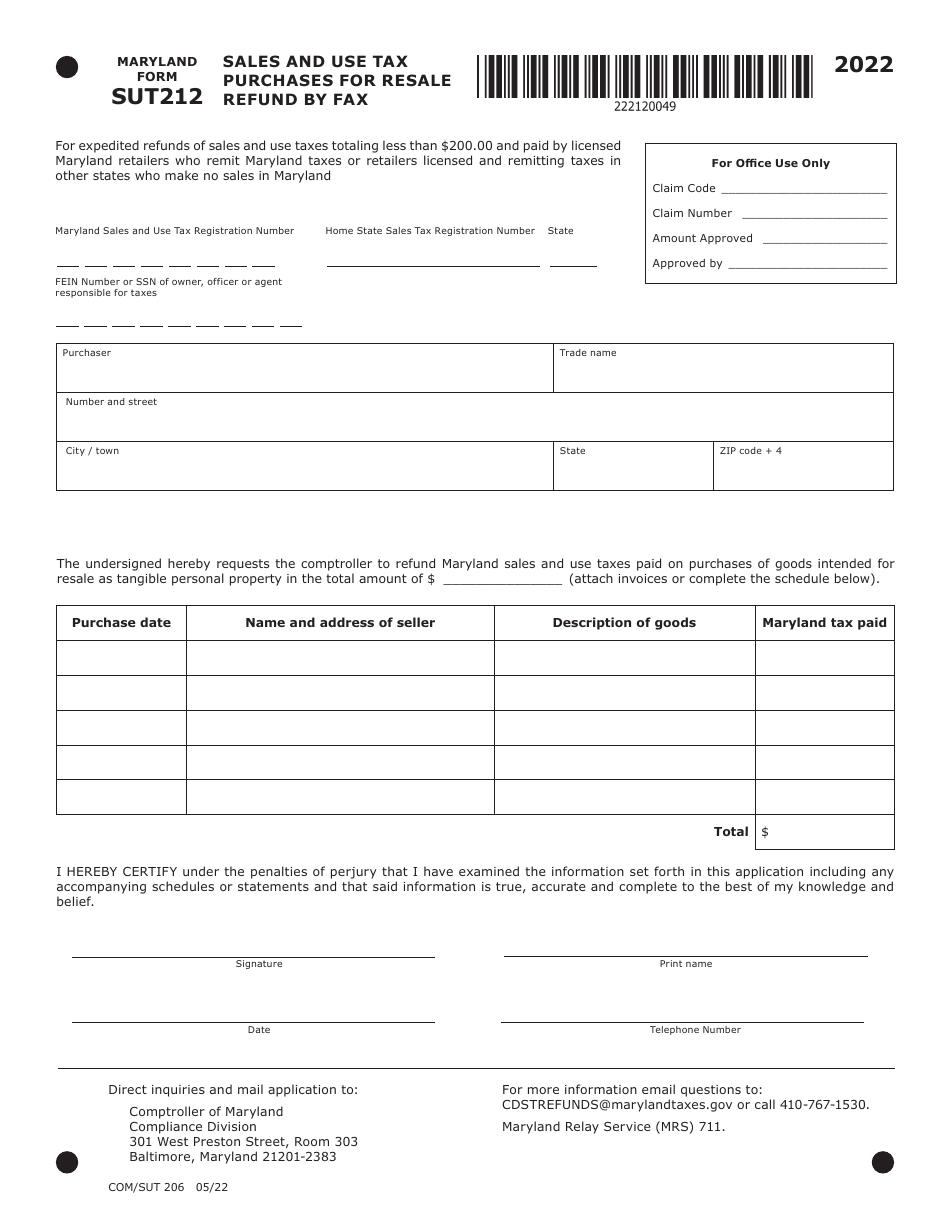 Maryland Form SUT212 2022 Fill Out, Sign Online and