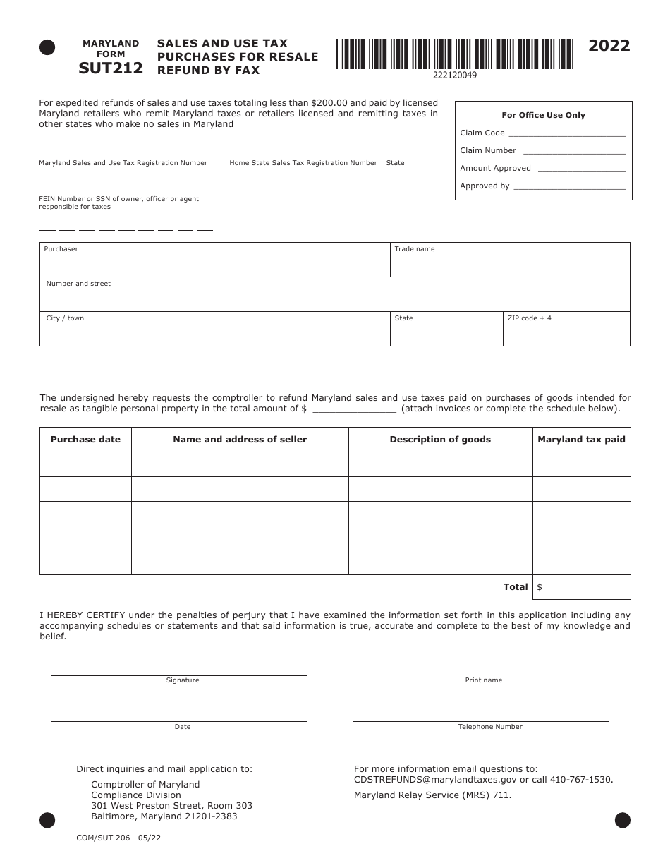 Maryland Form SUT212 (COM / SUT206) Sales and Use Tax Purchases for Resale Refund by Fax - Maryland, Page 1