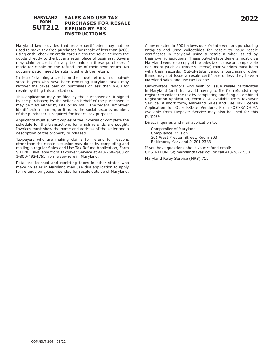 Maryland Form SUT212 (COM / SUT206) Sales and Use Tax Purchases for Resale Refund by Fax - Maryland, Page 2