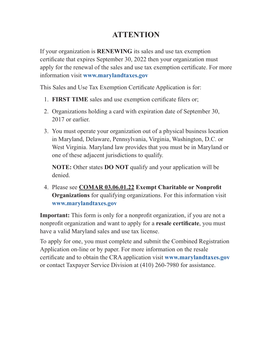 Maryland Form SUTEC (COM / RAD089) Sales and Use Tax Exemption Certificate Application - Maryland, Page 1