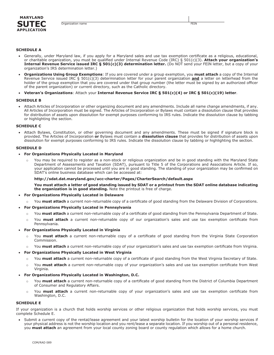 Maryland Form SUTEC (COM / RAD089) Sales and Use Tax Exemption Certificate Application - Maryland, Page 3