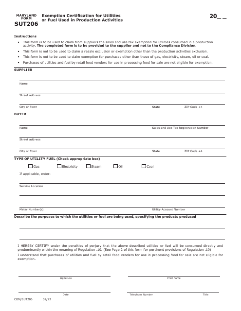 Maryland Form SUT206 (COM/SUT206) 2022 Printable Pdf