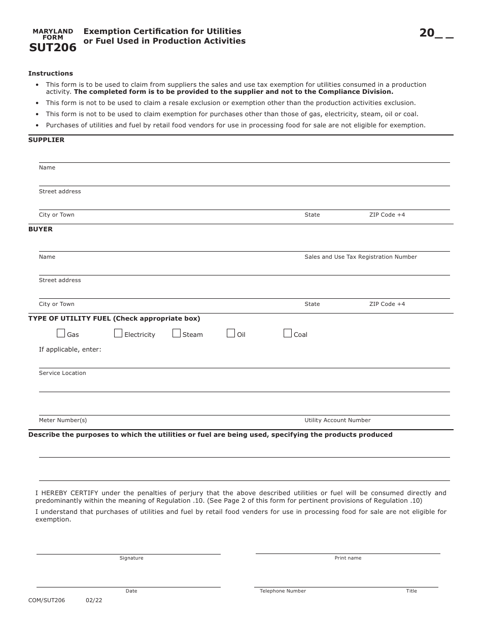 Maryland Form SUT206 (COM / SUT206) Exemption Certification for Utilities or Fuel Used in Production Activities - Maryland, Page 1