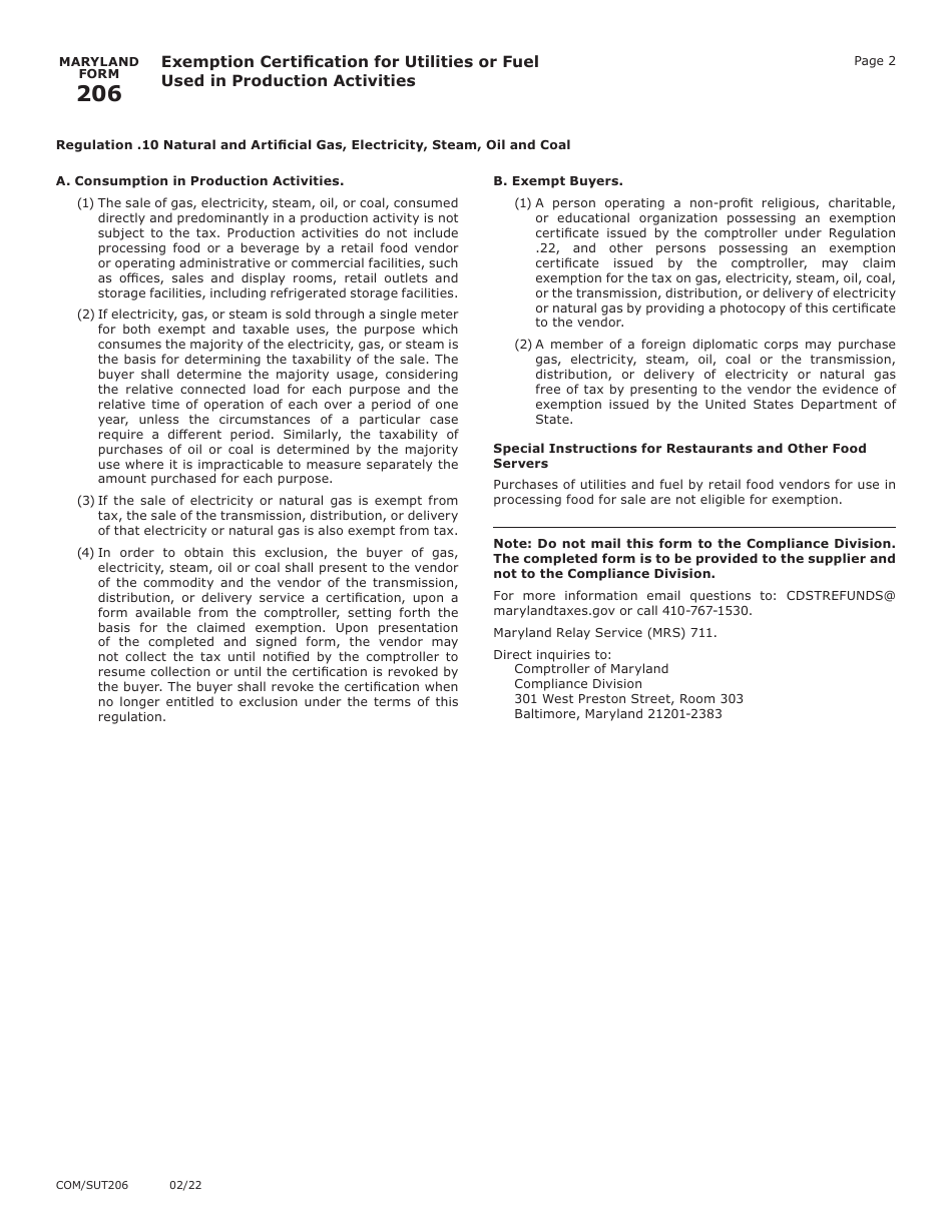 Maryland Form SUT206 (COM / SUT206) Exemption Certification for Utilities or Fuel Used in Production Activities - Maryland, Page 2