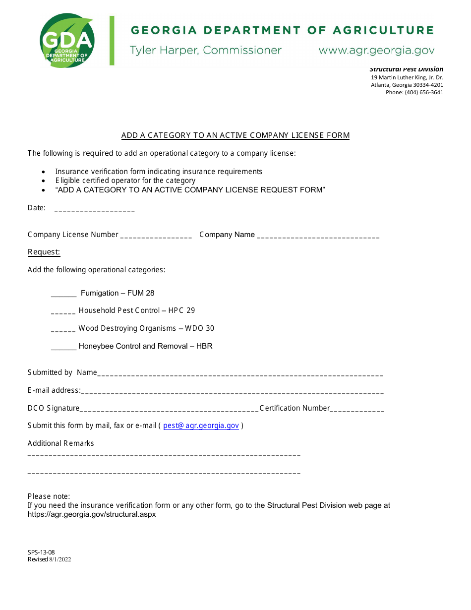 Form SPS-13-08 Add a Category to an Active Company License Form - Georgia (United States), Page 1