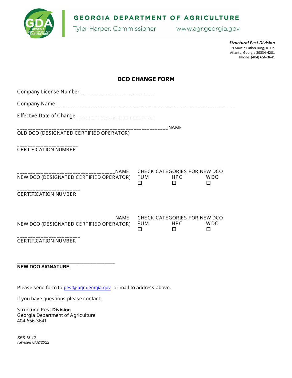 Form SPS13-12 Dco Change Form - Georgia (United States), Page 1