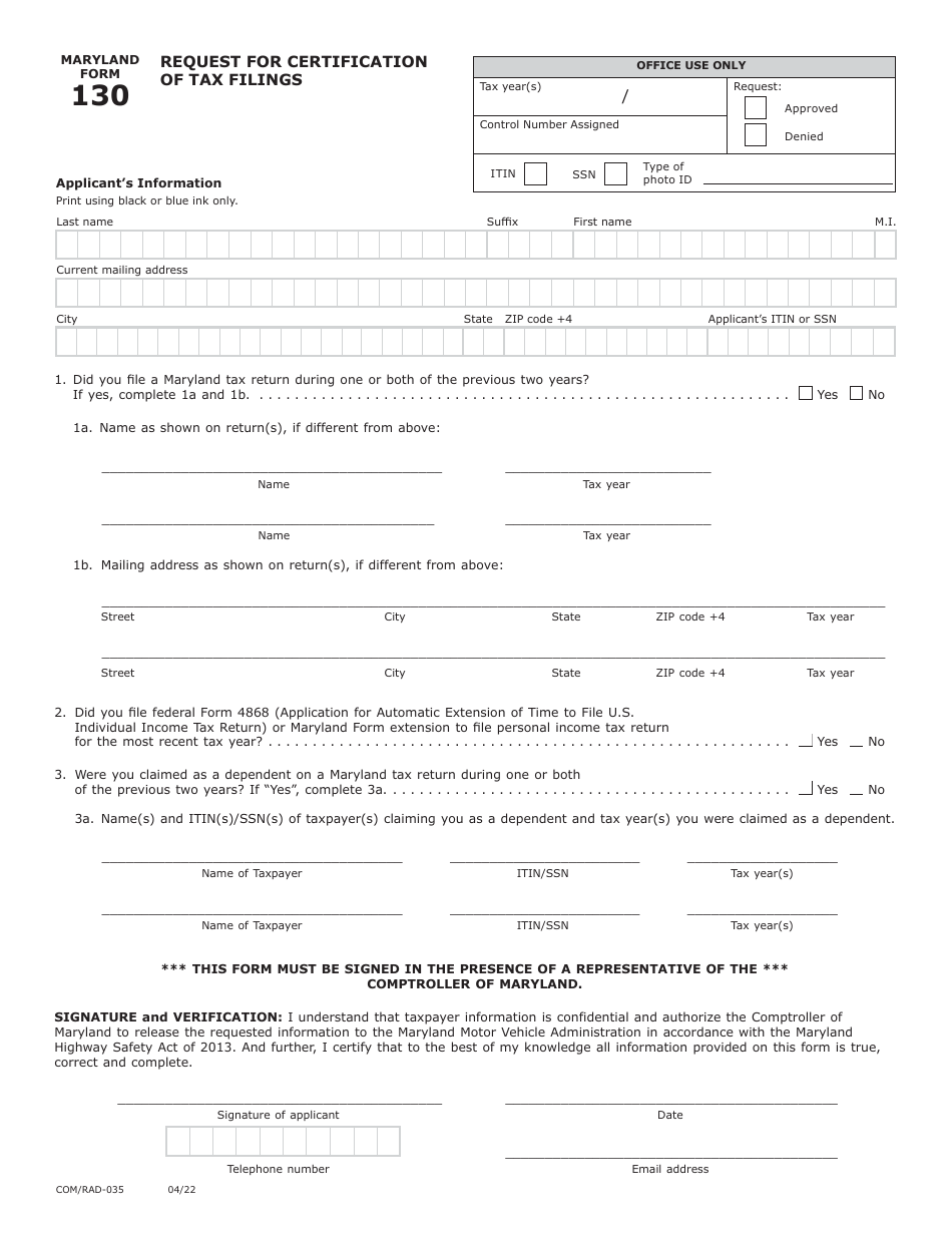 Maryland Form 130 Request for Certification of Tax Filings - Maryland, Page 1