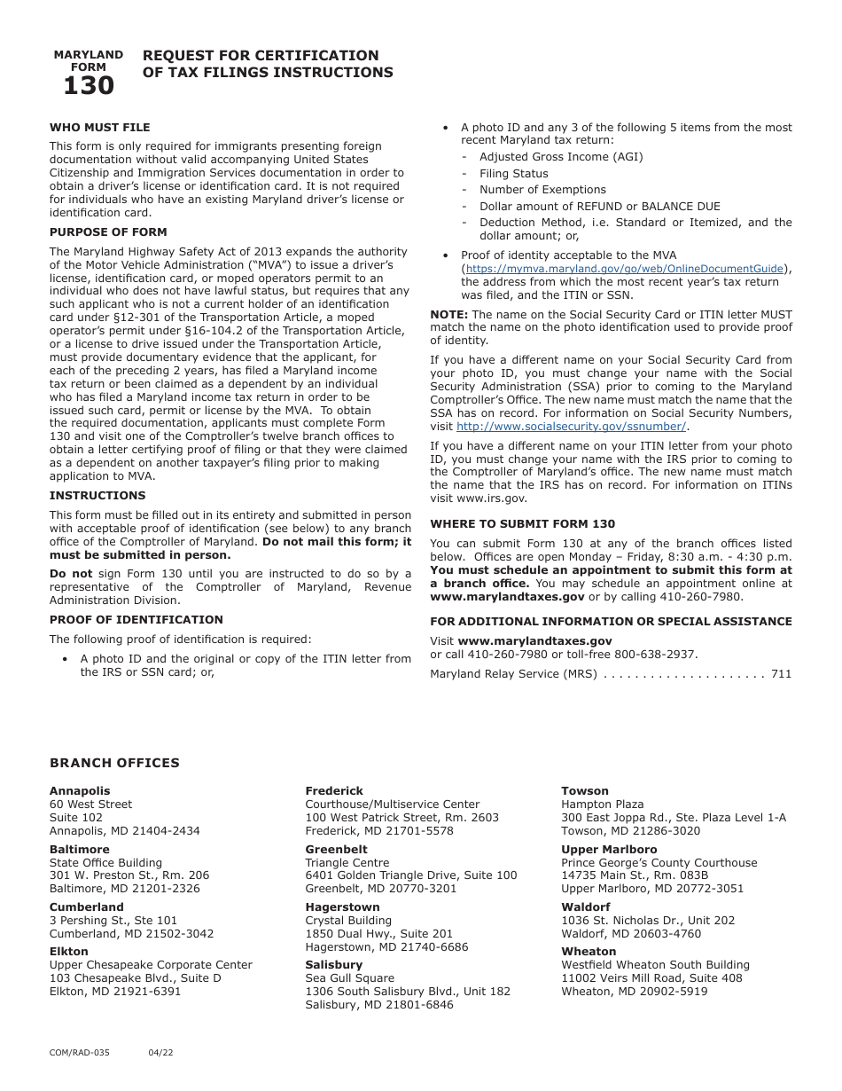 Maryland Form 130 Request for Certification of Tax Filings - Maryland, Page 2
