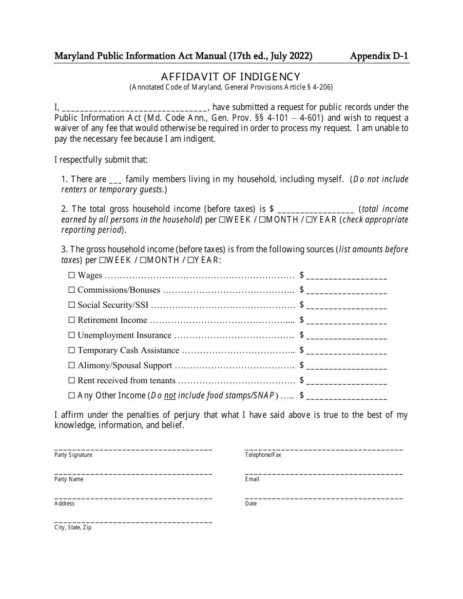 Appendix D-1 Affidavit of Indigency - Maryland, Page 1