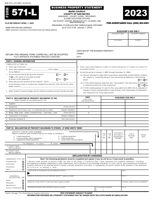 Form BOE-571-L Business Property Statement - County of San Mateo, California, 2023
