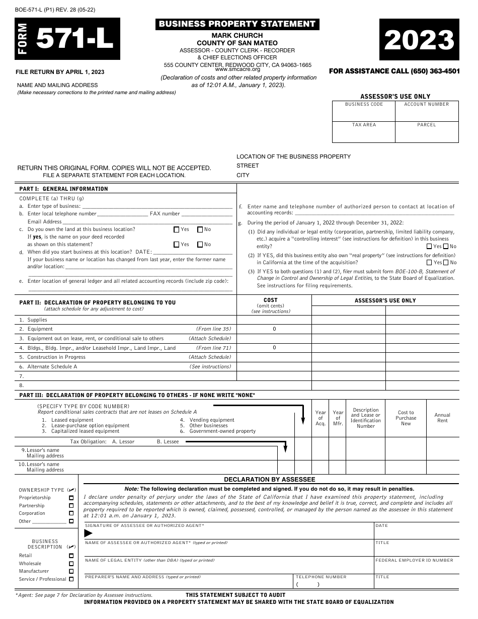 Form BOE-571-L Business Property Statement - County of San Mateo, California, Page 1