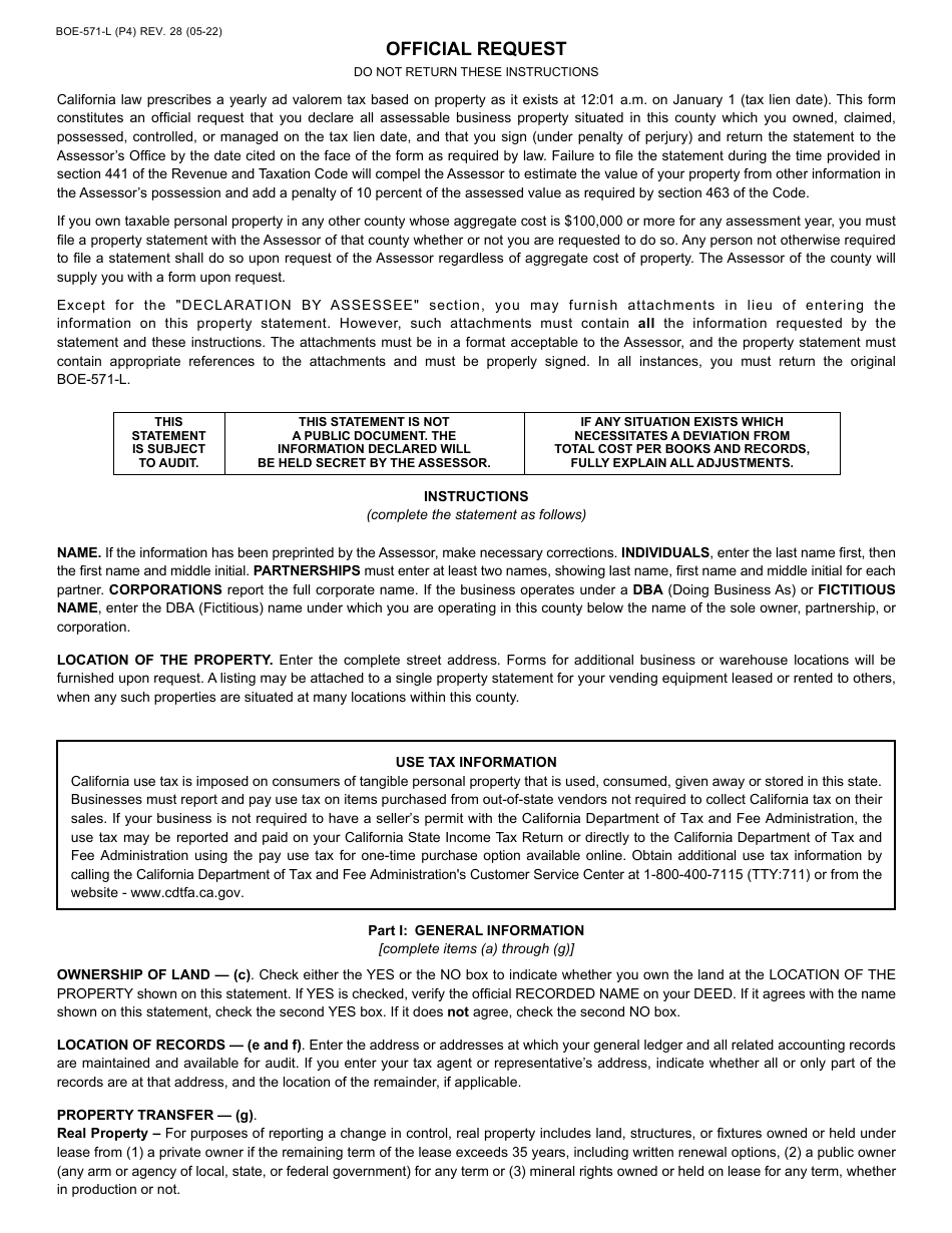 Form BOE-571-L Business Property Statement - County of San Mateo, California, Page 5