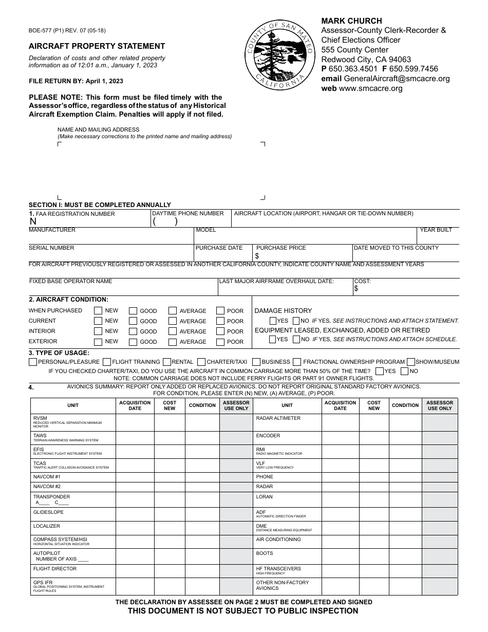 Form BOE-577 Aircraft Property Statement - County of San Mateo, California, Page 1