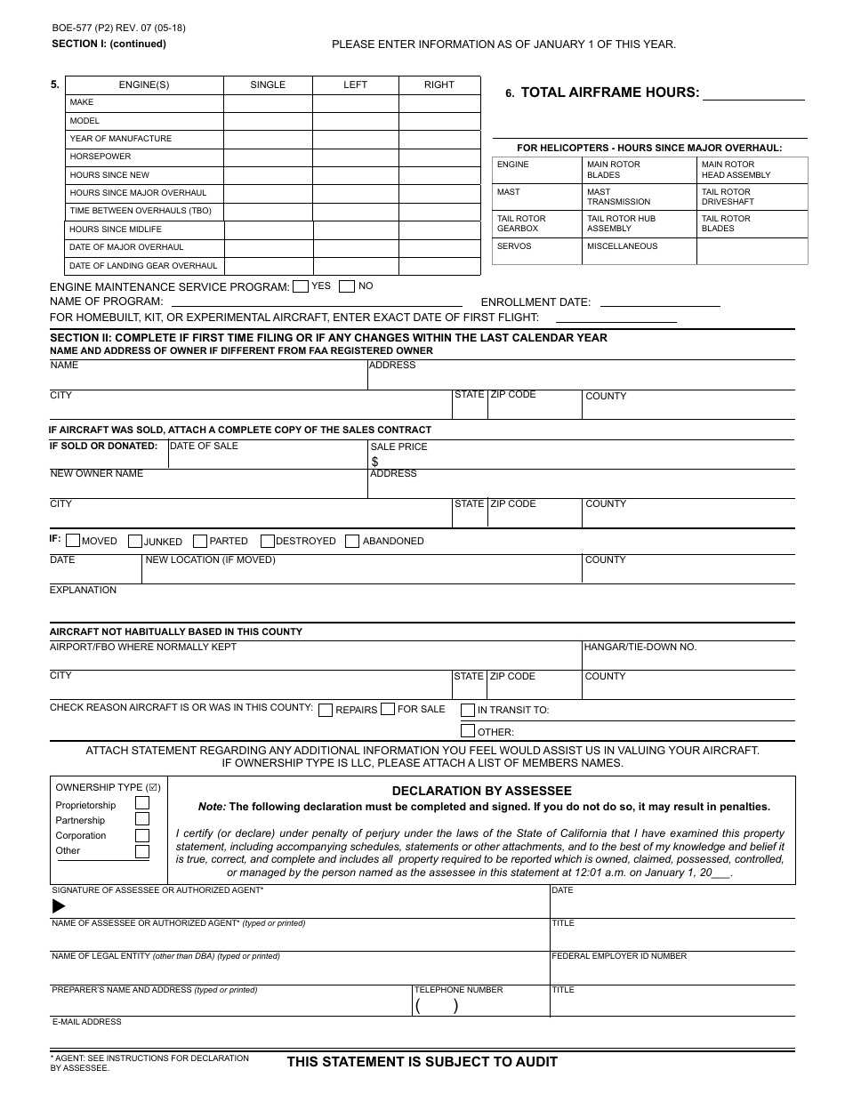 Form BOE-577 Aircraft Property Statement - County of San Mateo, California, Page 2