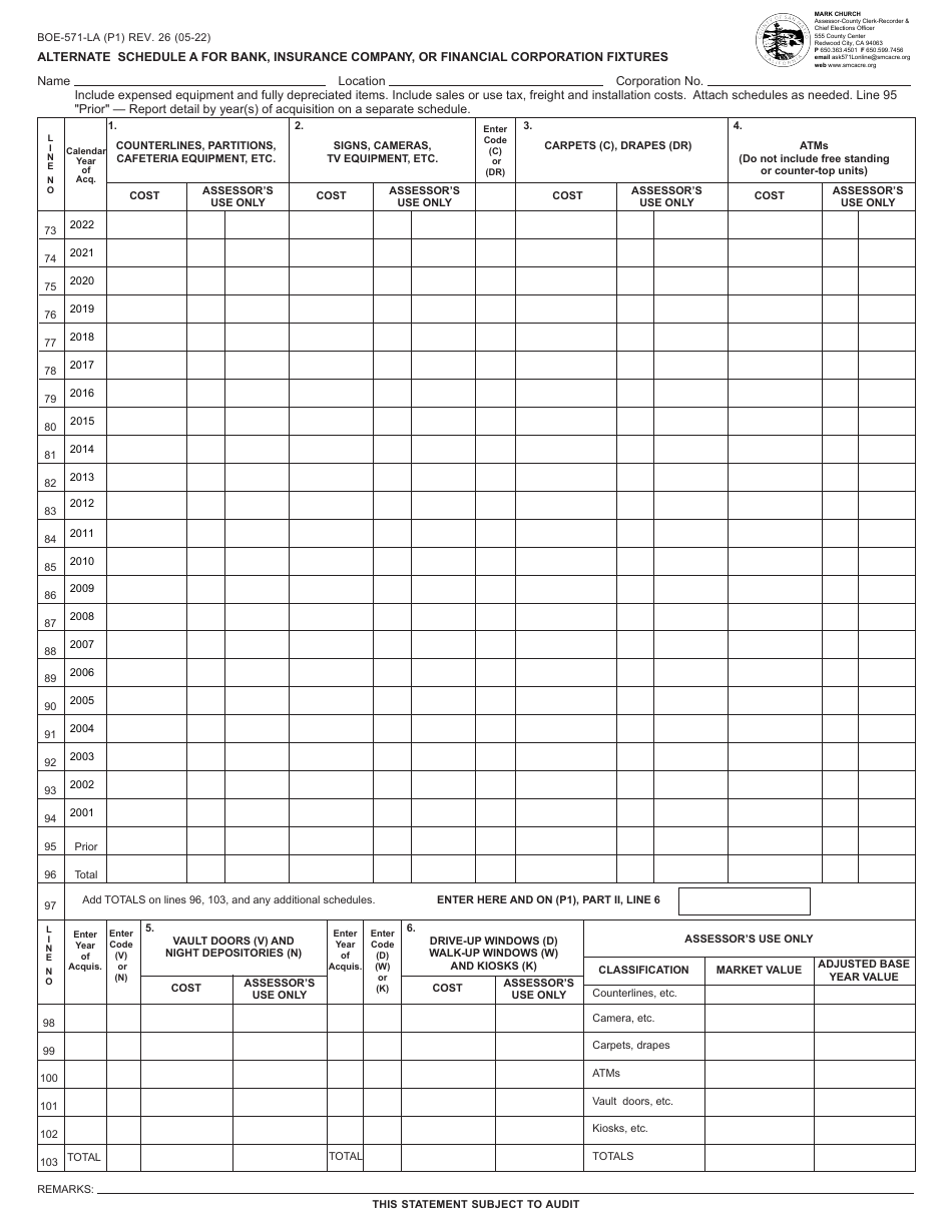 Form BOE-571-LA Schedule A Alternate Schedule for Bank, Insurance Company, or Financial Corporation Fixtures - County of San Mateo, California, Page 1