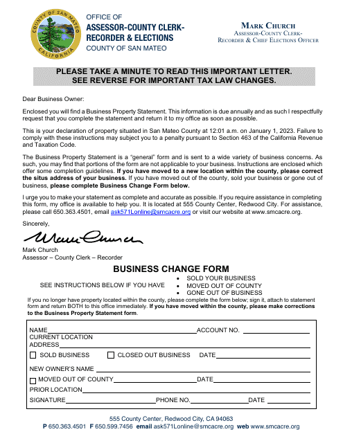 Business Change Form - County of San Mateo, California Download Pdf