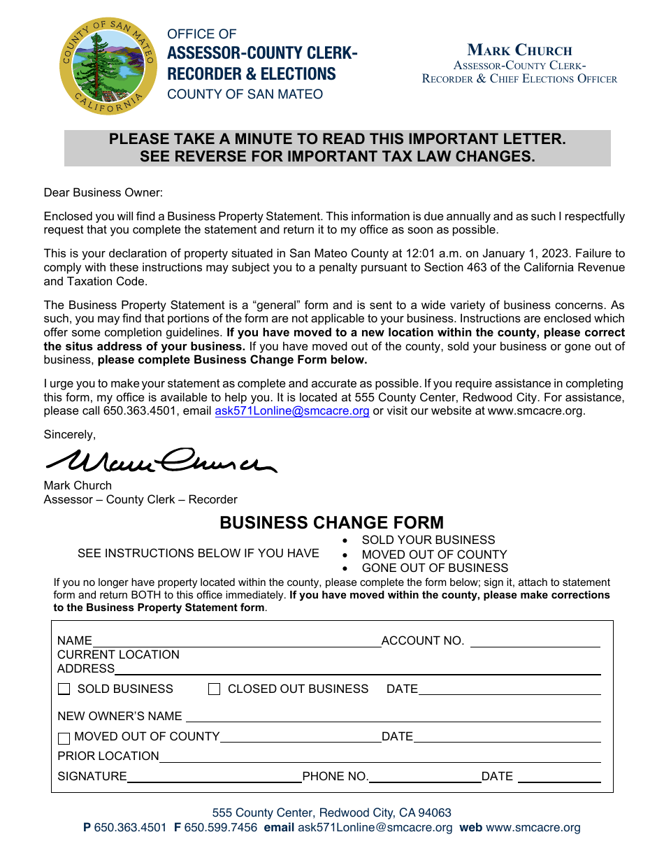 Business Change Form - County of San Mateo, California, Page 1