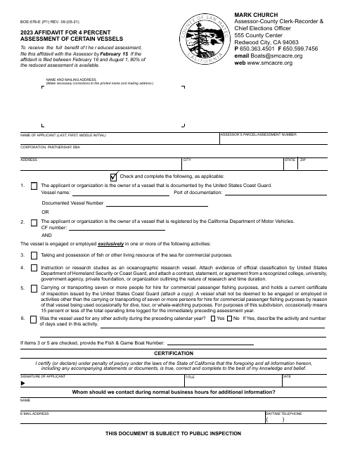 Form BOE-576-E Affidavit for 4 Percent Assessment of Certain Vessels - County of San Mateo, California, 2023