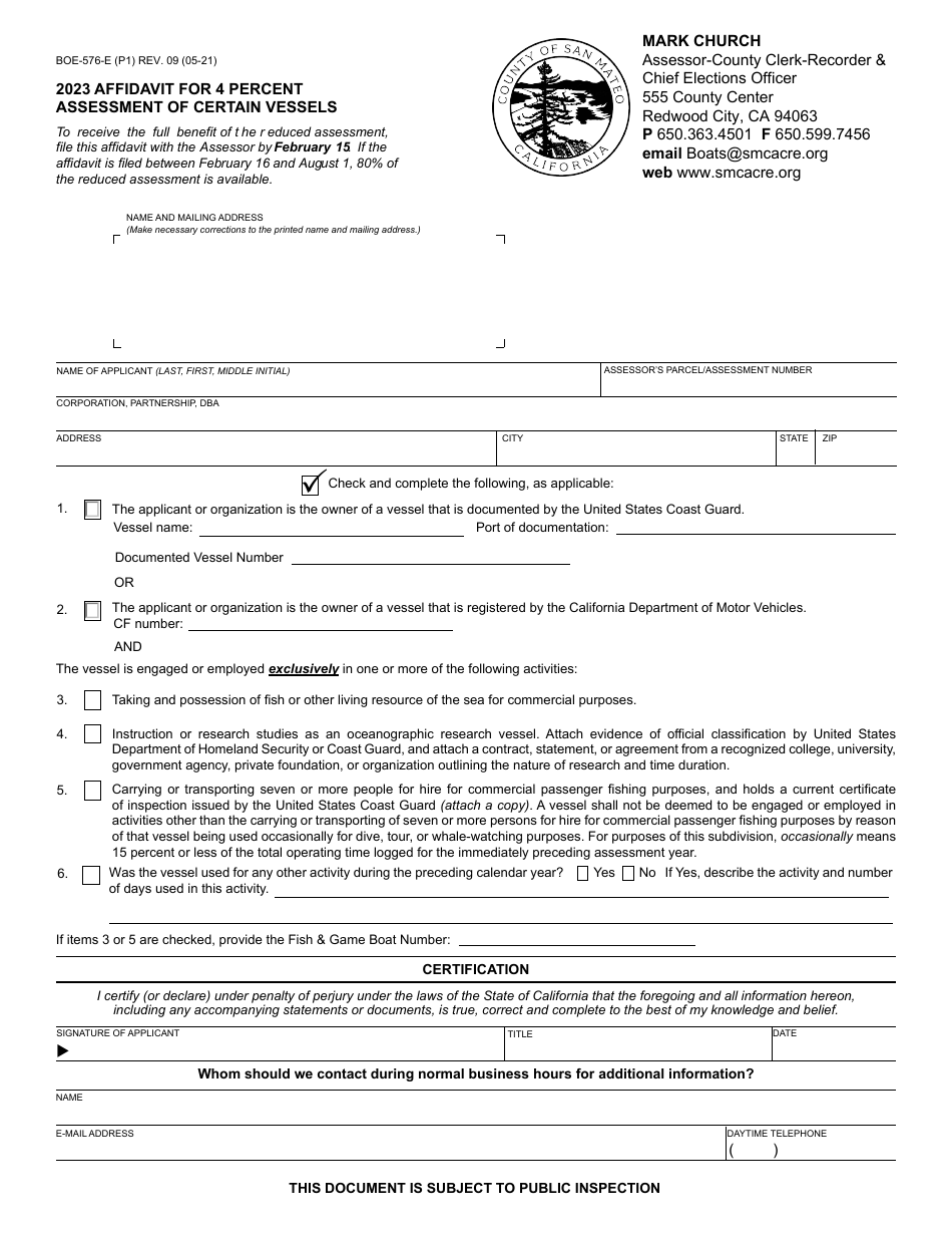 Form BOE-576-E Affidavit for 4 Percent Assessment of Certain Vessels - County of San Mateo, California, Page 1