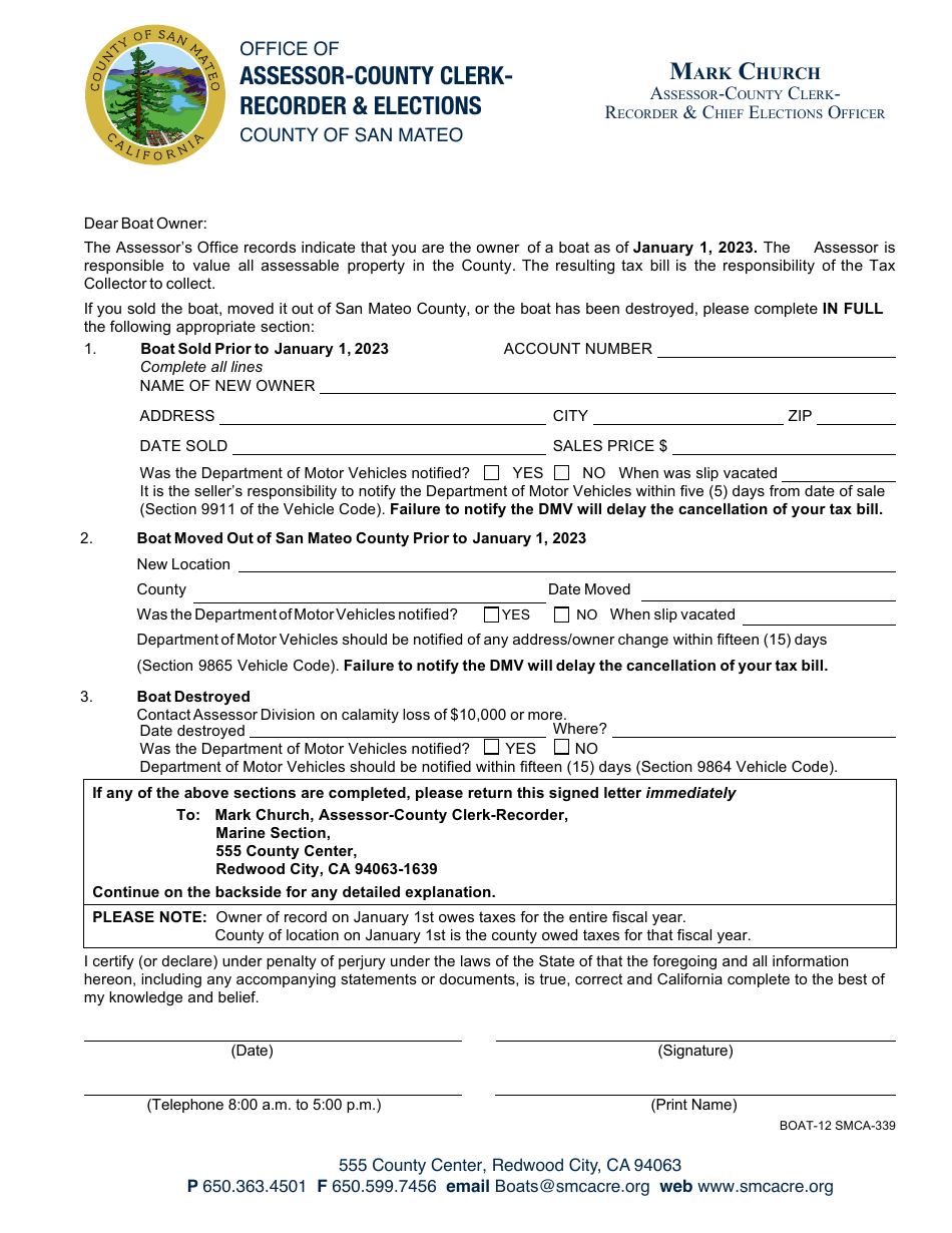 Form BOAT-12 (SMCA-339) Boat Ownership and Location Change Form - County of San Mateo, California, Page 1