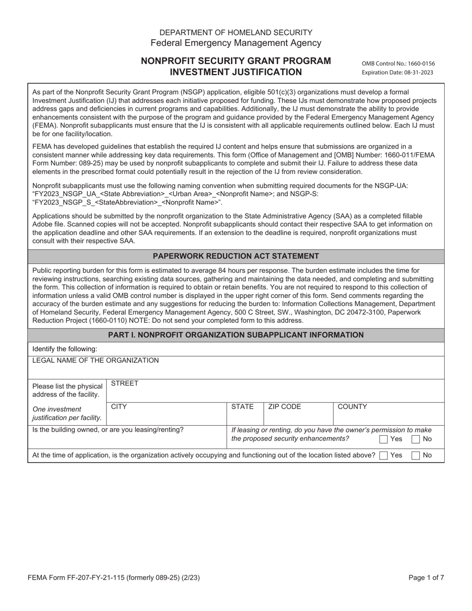 FEMA Form FF-207-FY-21-115 Investment Justification - Nonprofit Security Grant Program, Page 1